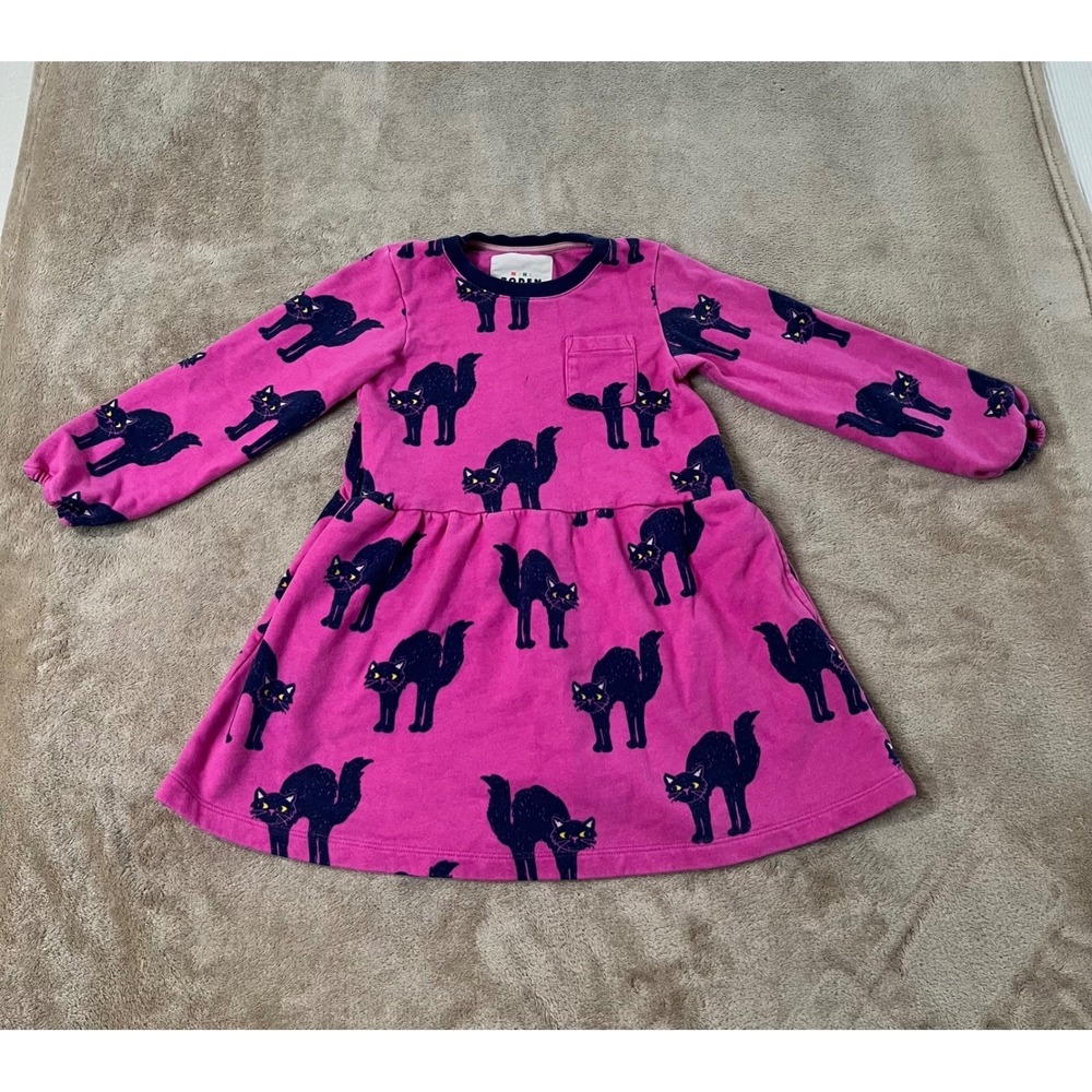 Mini Boden Jersey Dress Girls Size 4-5Y Pink Black Cat Print long sleeve - Picture 1 of 9